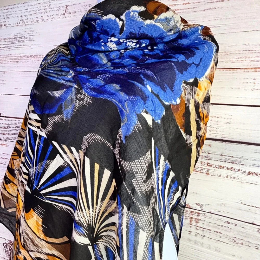 Bohemian Silk/Rayon Eclectic Scarf/Wrap‎ Chico's Floral Cobalt Blue Yellow Gold